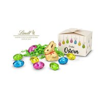 Geschenkartikel  Präsentartikel Buntes Lindt Osternest - Lindt-Osterhase mit 8 Eiern auch in individueller Pralinenschachtel