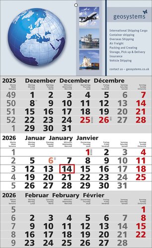 3 Monats-Wandkalender Standard 2, 3-sprachig