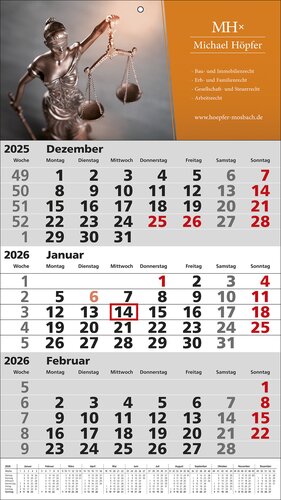 3 Monats-Wandkalender Standard 1 Plus, deutsch