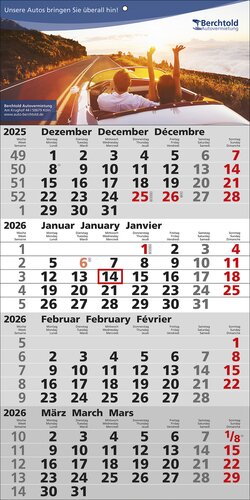 4 Monats-Wandkalender Quattro, 3-sprachig