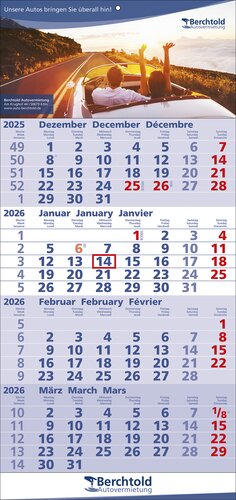 4 Monats-Wandkalender Quattro, 3-sprachig, mit verlängerter Fußleiste