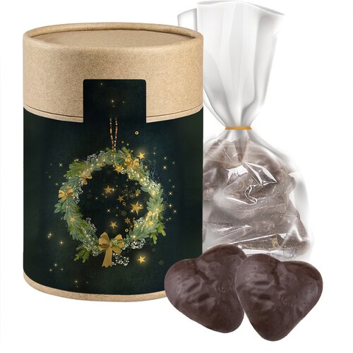 Lebkuchen Schokoherzen gefüllt, ca. 100g, Beutel in biologisch abbaubare Eco Pappdose Maxi